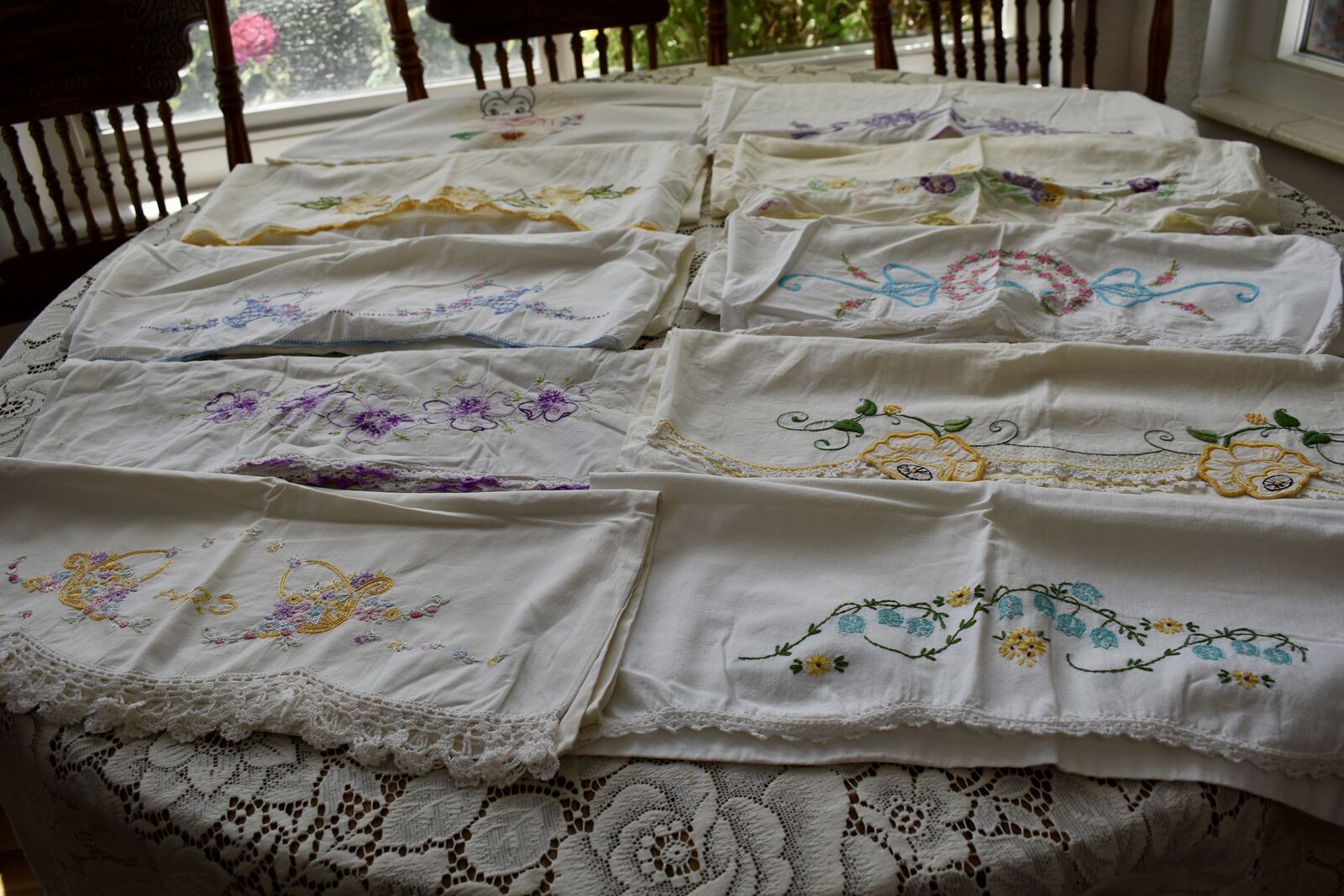 Several Very Pretty Single Vintage Embroidery With Crochet Edging Pillow Cases Mostly Standard Size