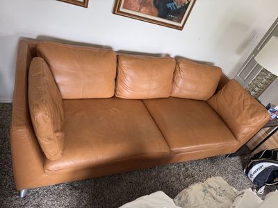 Tan Leather Couch with Loose Back Cushions
