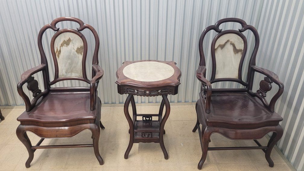 Antique Chinese Rosewood Armchairs & Marble Top Table Set