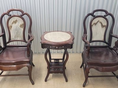 Antique Chinese Rosewood Armchairs & Marble Top Table Set