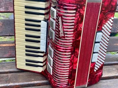 Weltmeister Red Marbled Accordion with Straps, Full-Size Keyboard Instrument