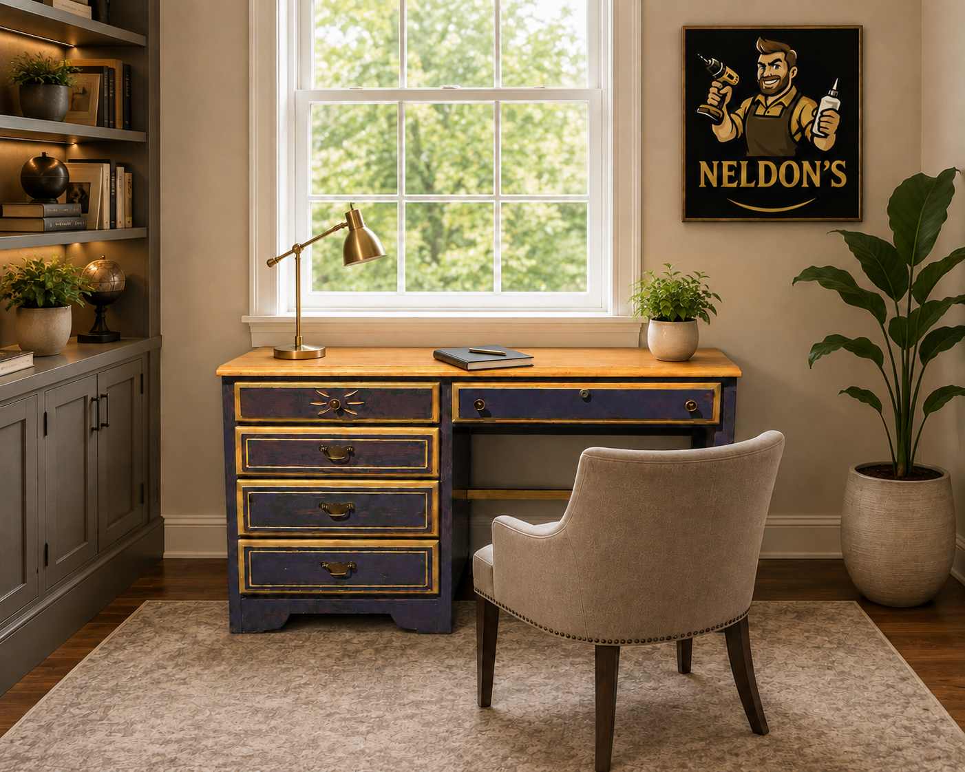 Vintage Solid Wood Writing Desk with Drawers – Purple