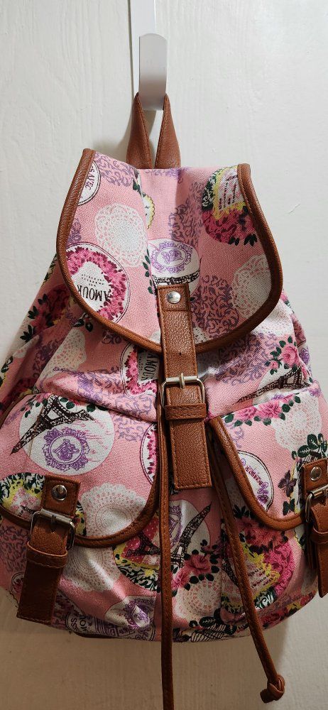 Pink Eiffel Tower Floral Drawstring Backpack with Faux Leather Straps - Used