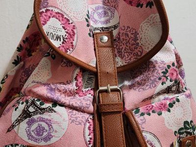 Pink Eiffel Tower Floral Drawstring Backpack with Faux Leather Straps - Used