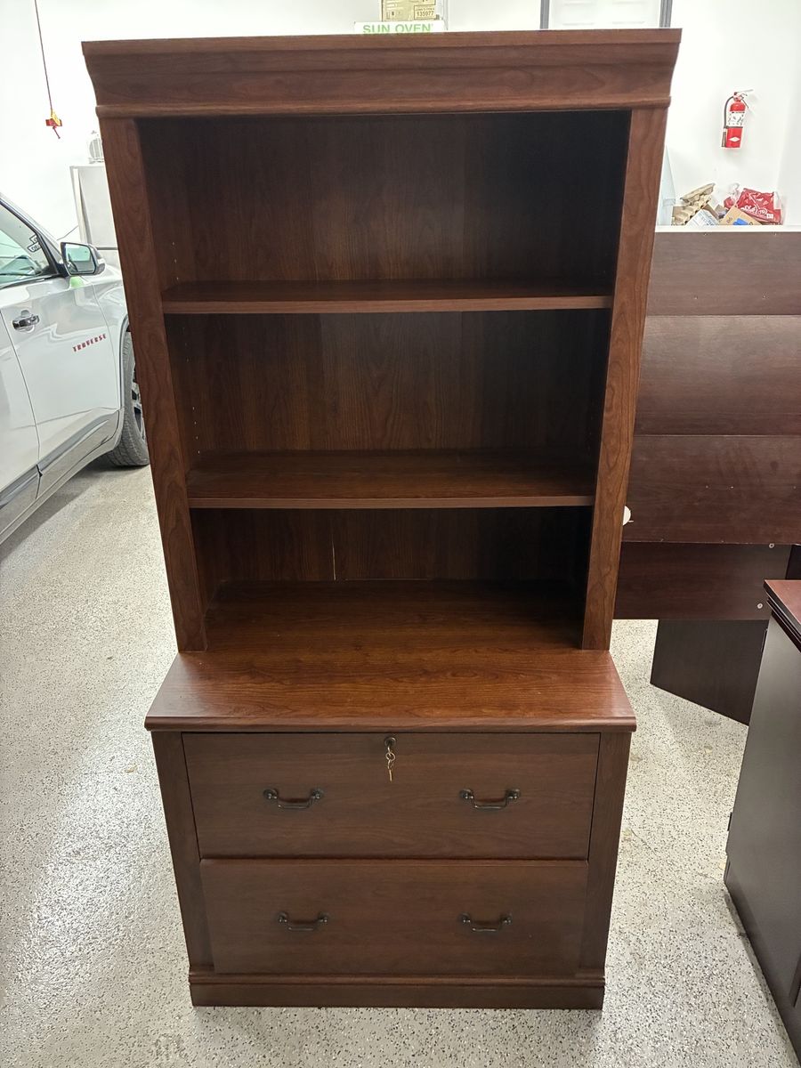 Wooden Bookcase with Lower Locking File Drawers and Adjustable Shelves
