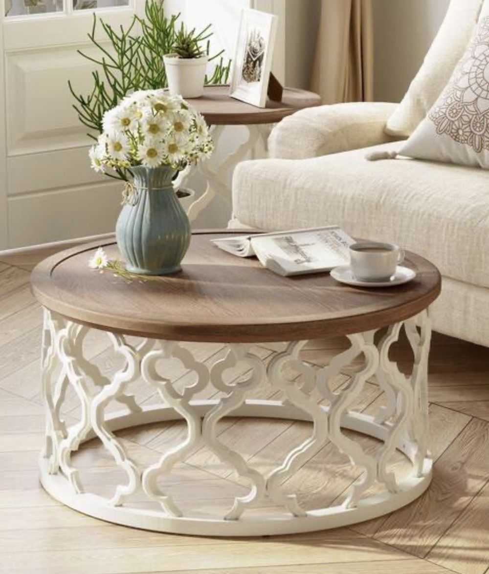 NEW Rustic 30" White Round Wood Tray Coffee Table