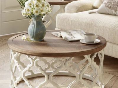 NEW Rustic 30" White Round Wood Tray Coffee Table