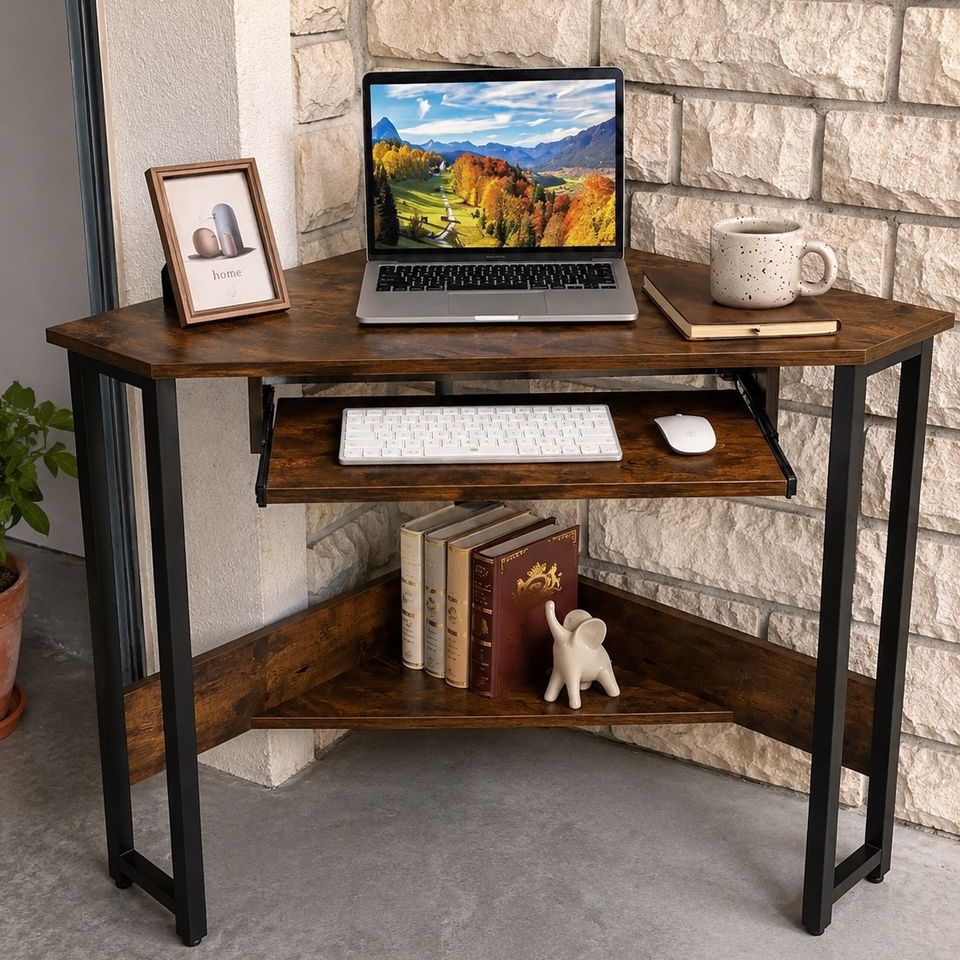 Industrial Style Corner Computer Desk with Keyboard Tray and Storage Shelf, Rustic Brown