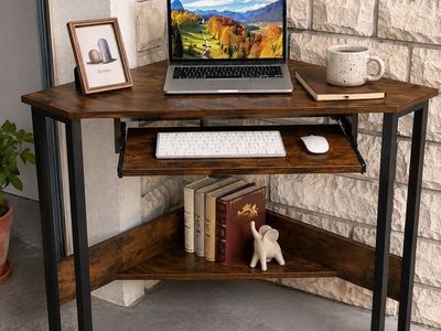 Industrial Style Corner Computer Desk with Keyboard Tray and Storage Shelf, Rustic Brown