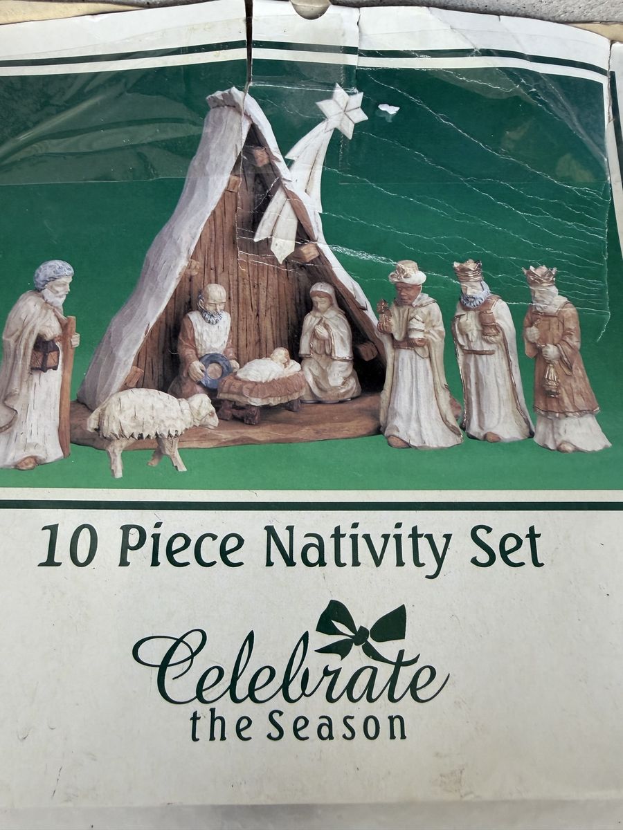 Celebrate the Season 10 Piece Nativity Set with Creche Wooden Look Figurine Holiday Decor