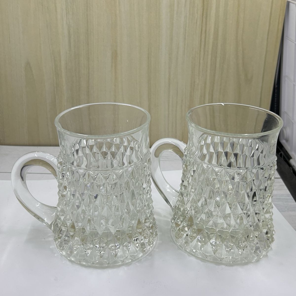 Set of 2 Vintage Clear Cut Glass Mugs with Diamond Pattern