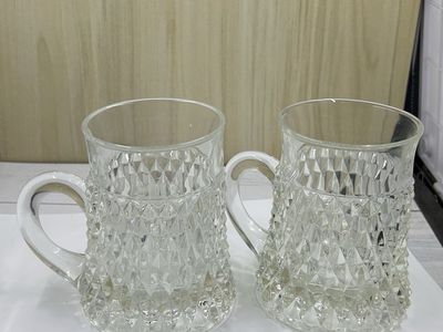 Set of 2 Vintage Clear Cut Glass Mugs with Diamond Pattern