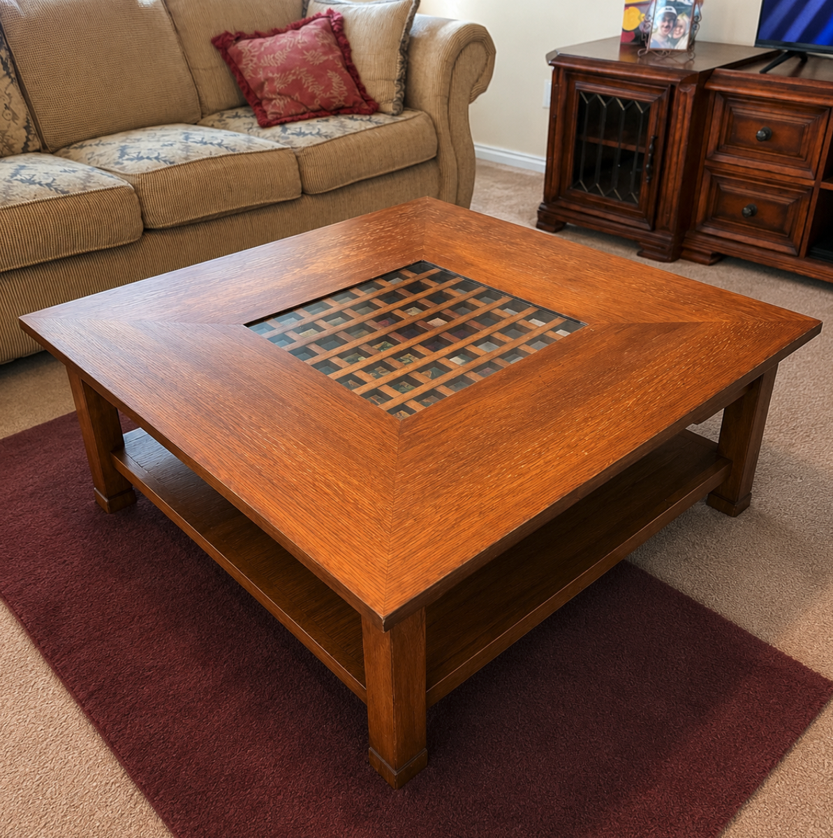 Large Solid Wood Coffee Table w/ Glass Inlay & Shelf