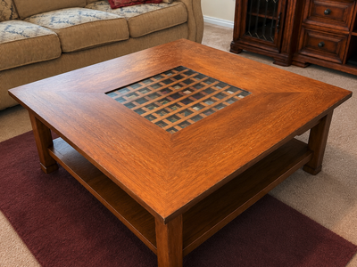 Large Solid Wood Coffee Table w/ Glass Inlay & Shelf