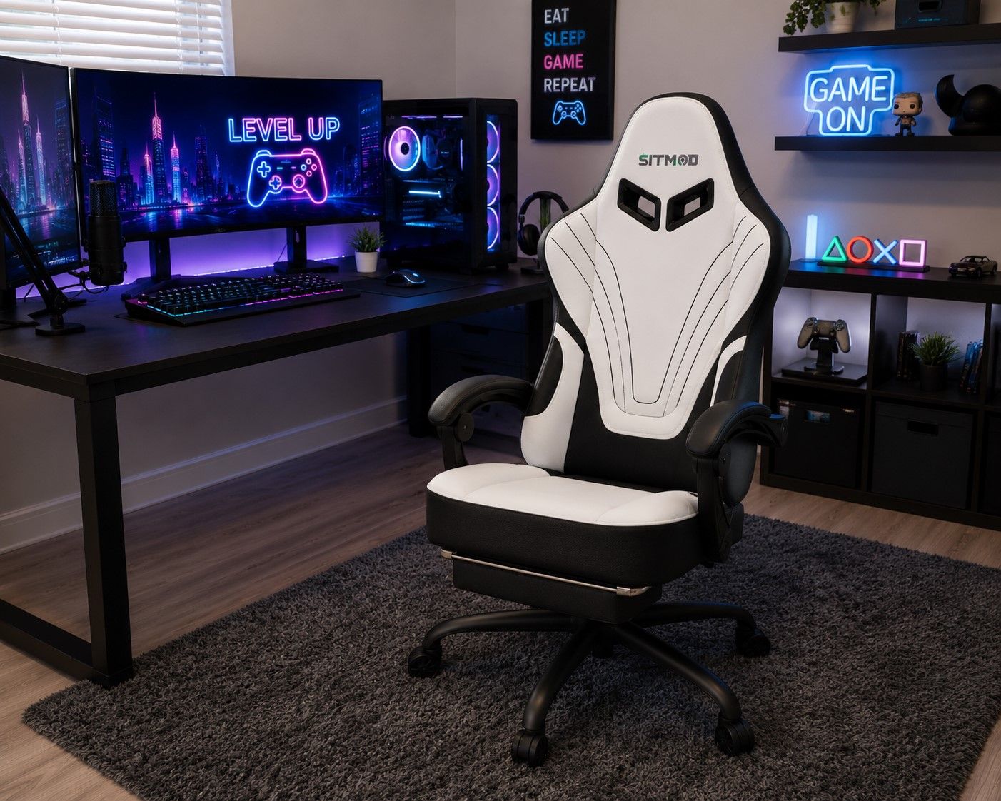 Gaming Chair Fabric Computer Office Chair w/Footrest, Reclining Heavy Duty – White/Black