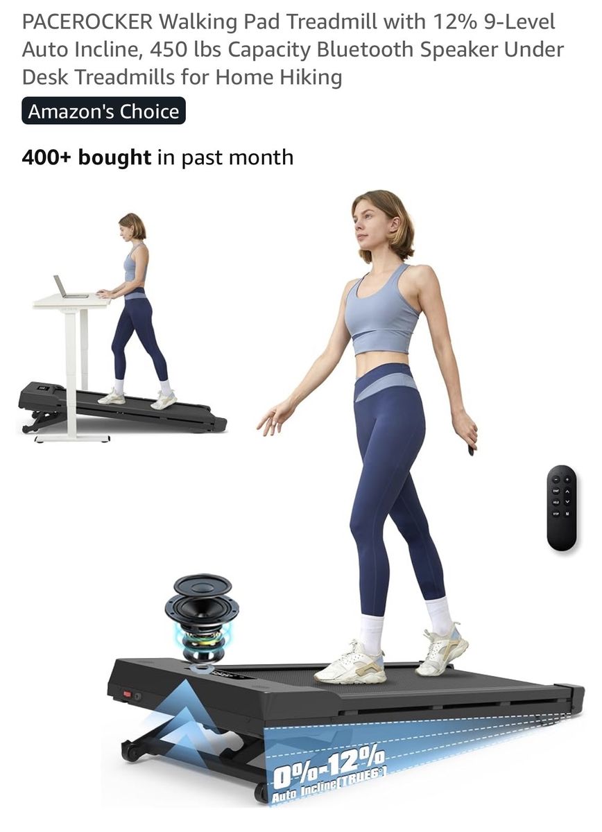 PACEROCKER Walking Pad Treadmill, 12% Auto Incline, 450 lbs Capacity, Bluetooth Speaker, Under Desk