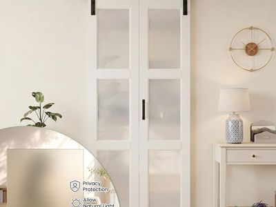 SMARTSTANDARD 24" x 84" Bifold Sliding Barn Door (Double 12"), 3-Lite Frosted Glass Panels, white.