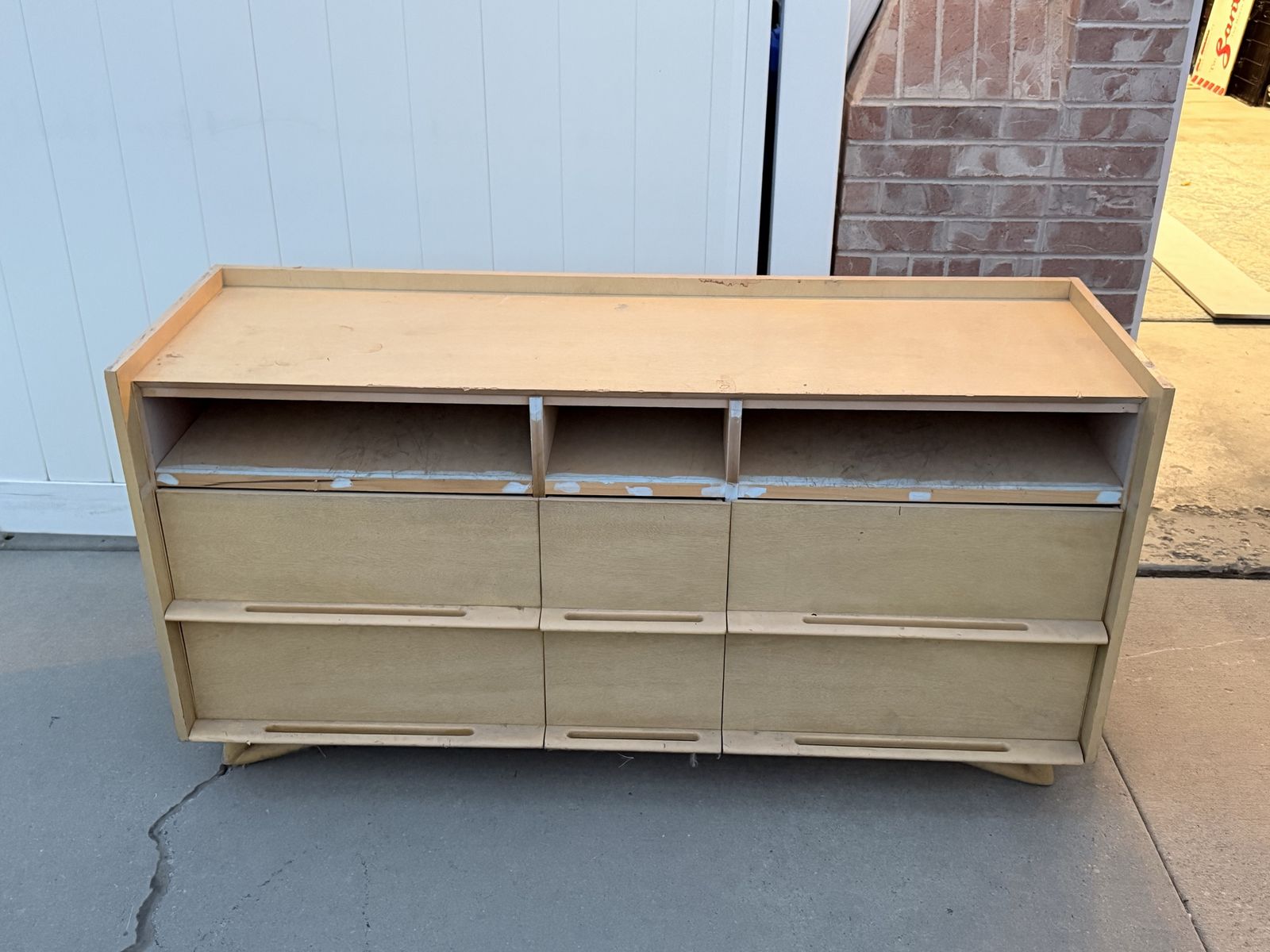 Free Unfinished Wooden Dresser/Media Console with 6 Drawers and Open Shelves