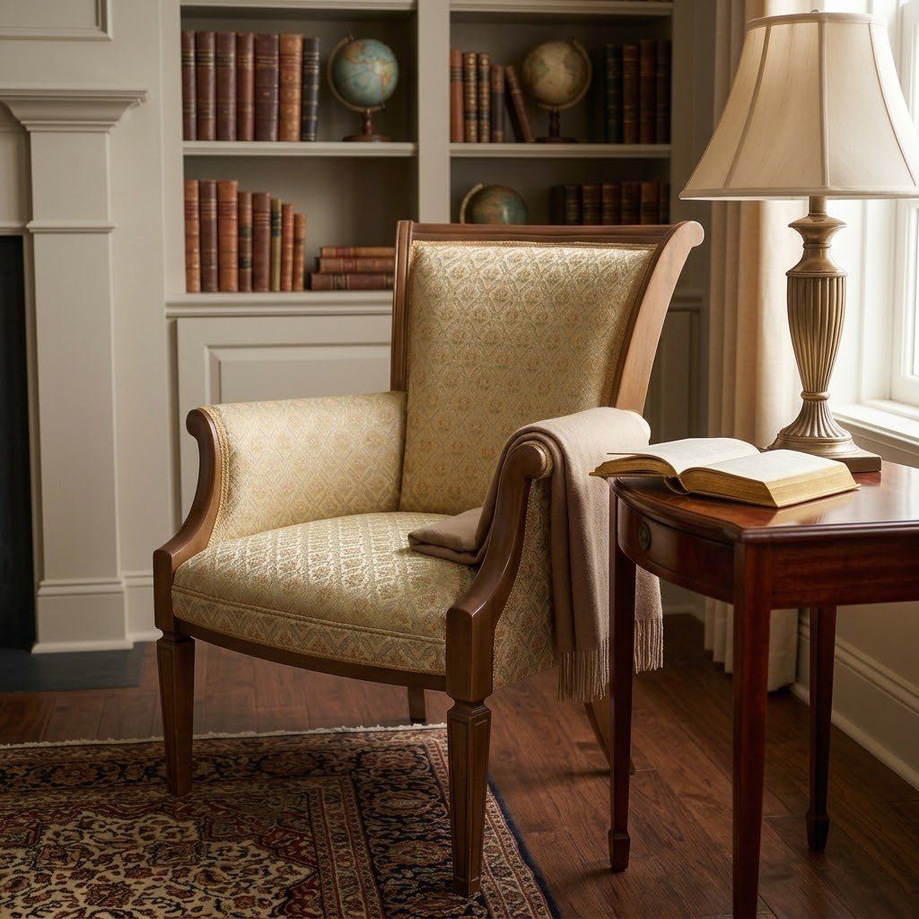 Vintage French Directoire Style Armchair in Cream / Gold Damask