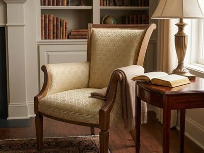 Vintage French Directoire Style Armchair in Cream / Gold Damask
