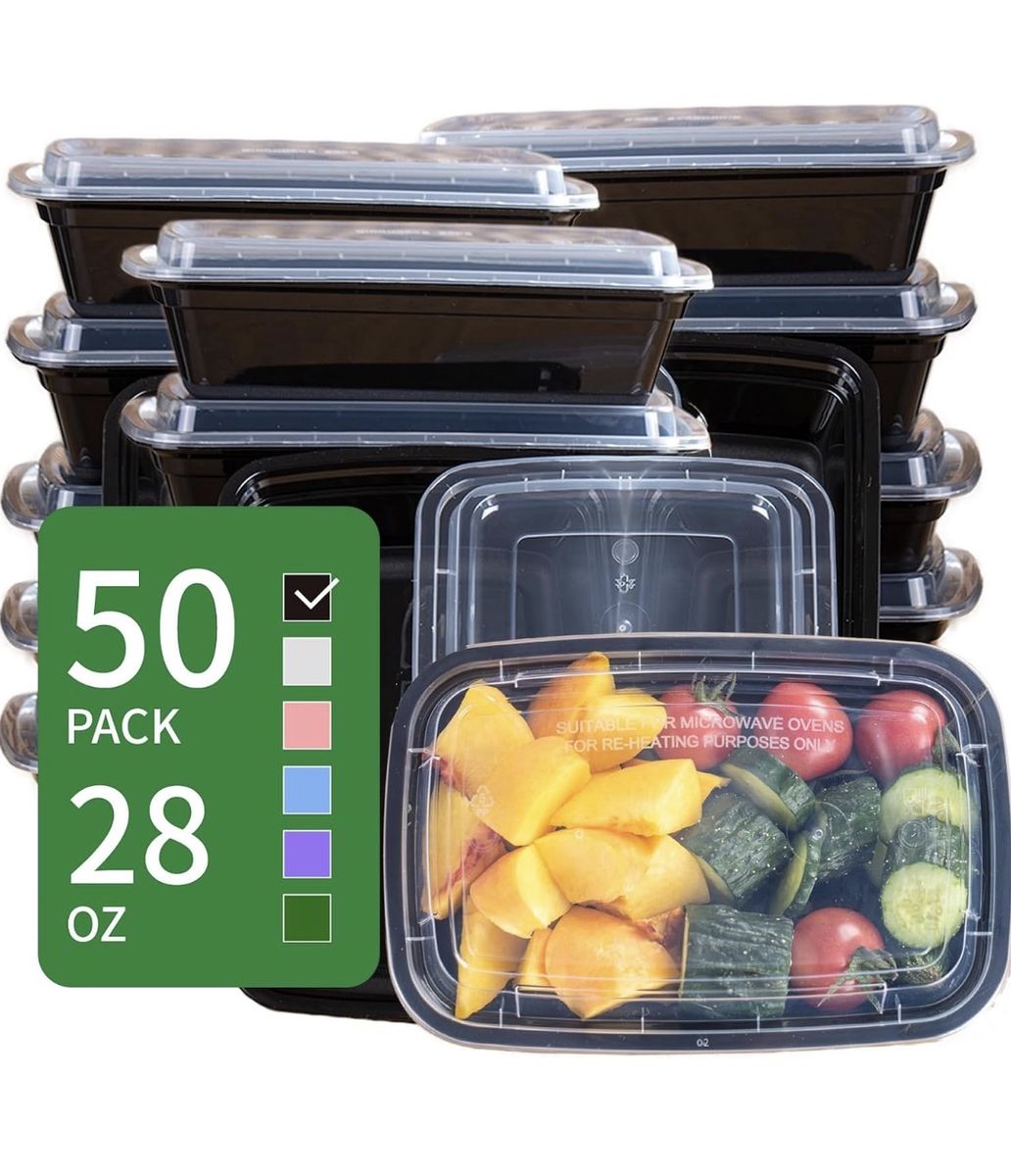 Brand new, 50-Pack 28 oz Reusable Black Meal Prep Containers with Clear Lids - Microwave Safe Food Storage