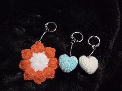 Handmade Crocheted Keychain Set - Flower & Hearts (Orange, White, Blue) - Unique Gift