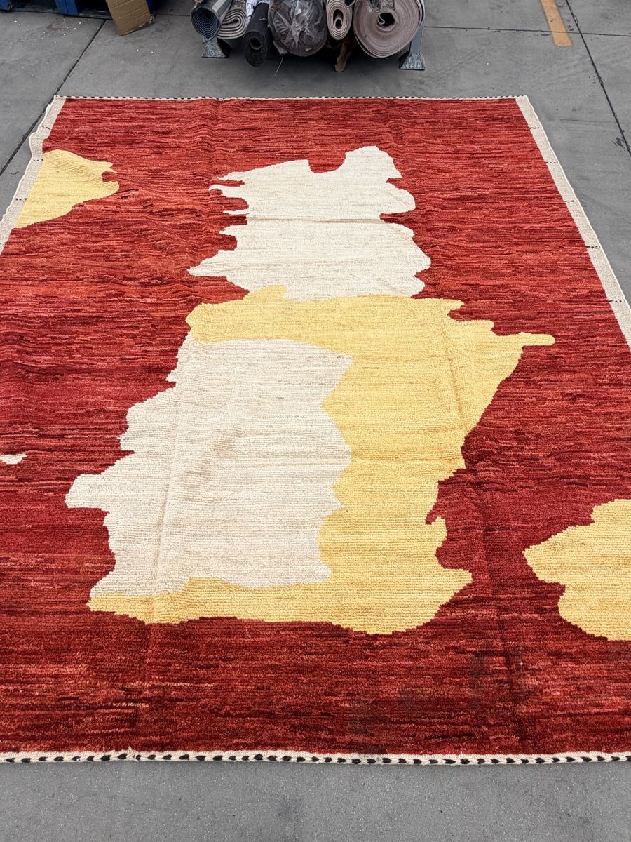 Never Used! Authentic Hand Knotted Large Abstract 8.7x 9.9 Area Rug - Red, Cream, & Gold Wool Carpet, Modern Design OBO