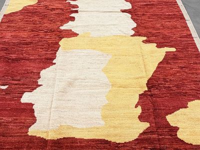 Never Used! Authentic Hand Knotted Large Abstract 8.7x 9.9 Area Rug - Red, Cream, & Gold Wool Carpet, Modern Design OBO