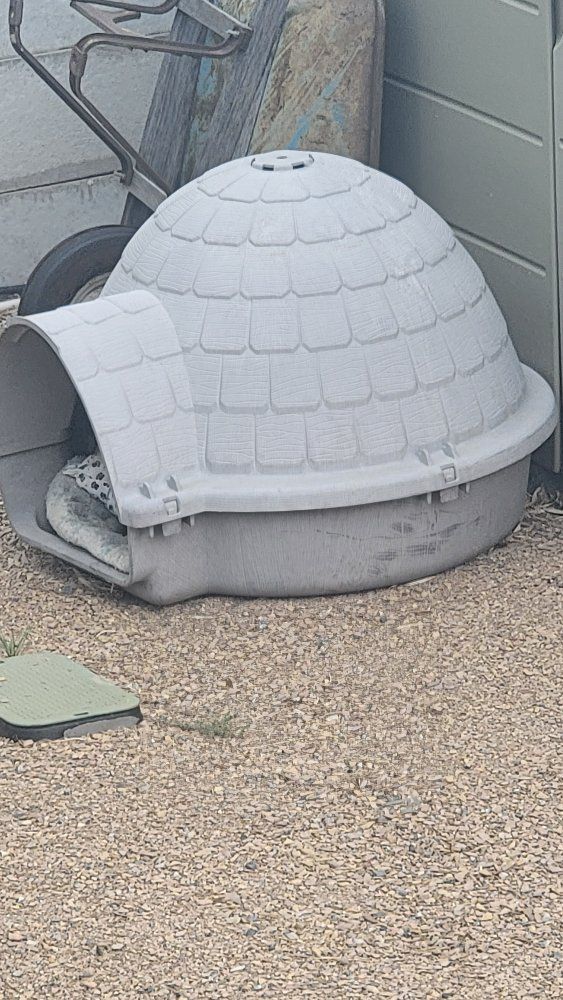 Used Gray Plastic Igloo Dog House with Removable Top and Included Bedding