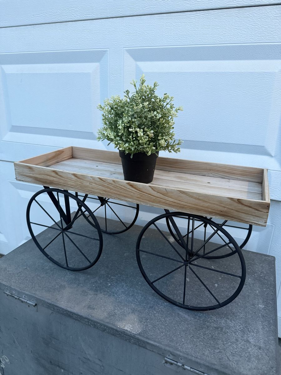 wooden wagon plant stand/tray w/metal spoke wheels