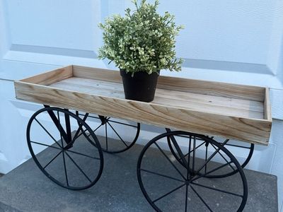 wooden wagon plant stand/tray w/metal spoke wheels