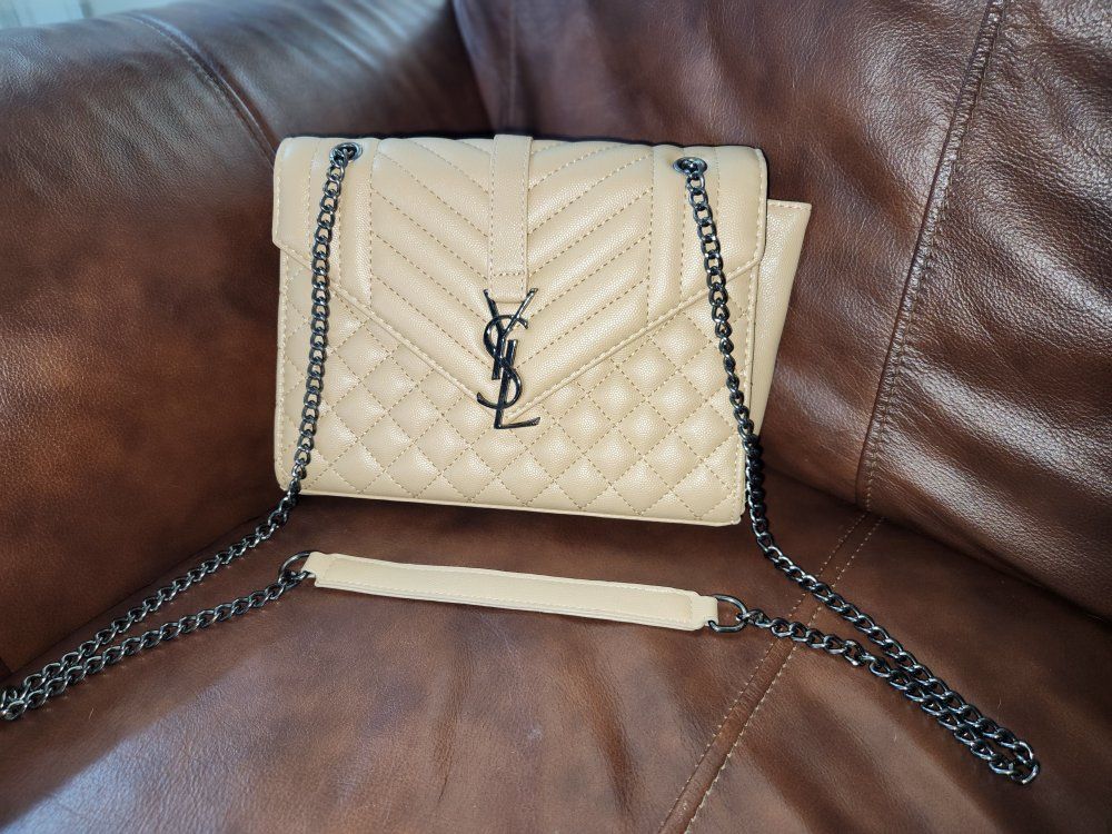 Yves Saint Laurent YSL Quilted Beige Envelope Crossbody Bag with Chain Strap