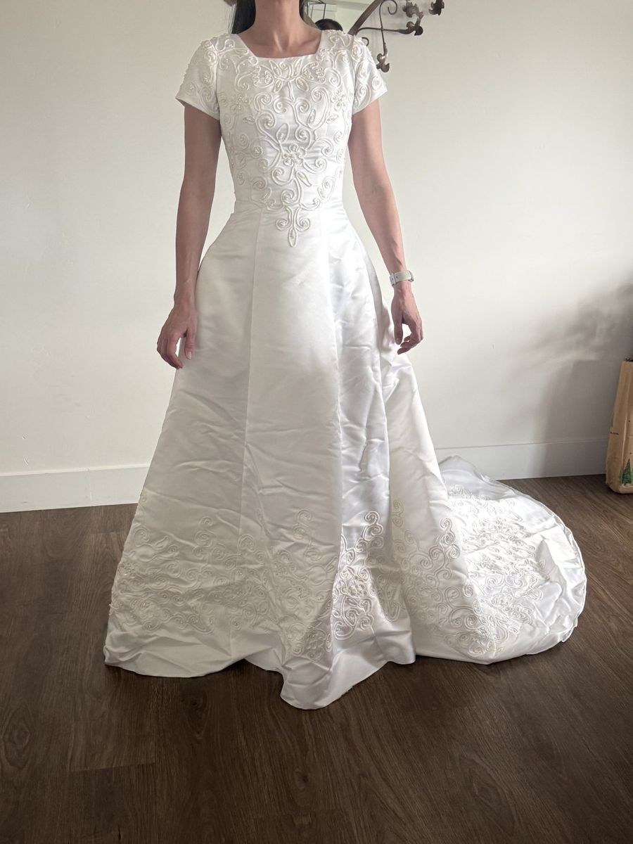 Elegant White Modest Wedding Dress with hand beaded embroidery, pearl, and sequin embellishments, Size 4