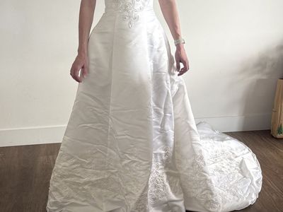 Elegant White Modest Wedding Dress with hand beaded embroidery, pearl, and sequin embellishments, Size 4
