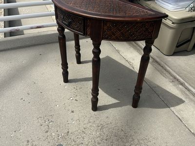 Antique Dark Wood Demi-Lune Console Table with Woven Rattan Top