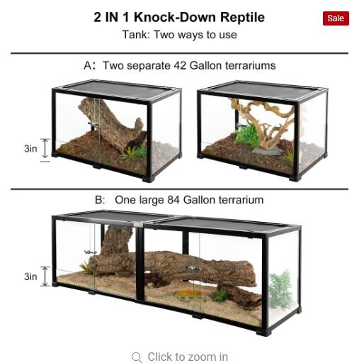REPTIZOO 84 Gallon Extra-Long Reptile Terrarium 60" x 18" x 18" Spliceable Glass Reptile Tank Double Top Cover