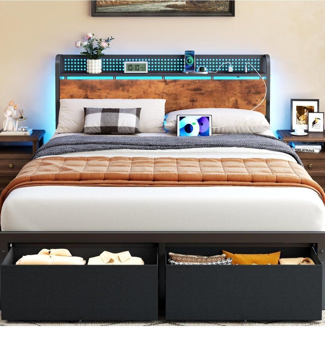 Queen Bed Frame w/ LED & Storage Drawers NEW # 461