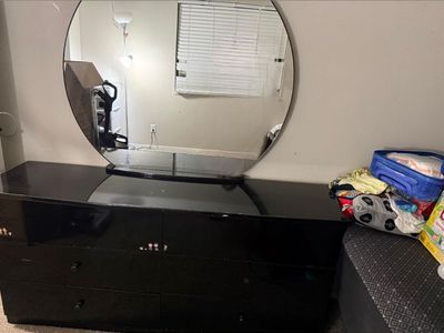 Black Glossy Bedroom Furniture Set with Dresser, Large Round Mirror, and Tall Chest