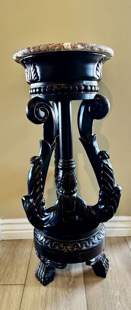 Antique Hand Carved Wood Pedestal Plant Stand