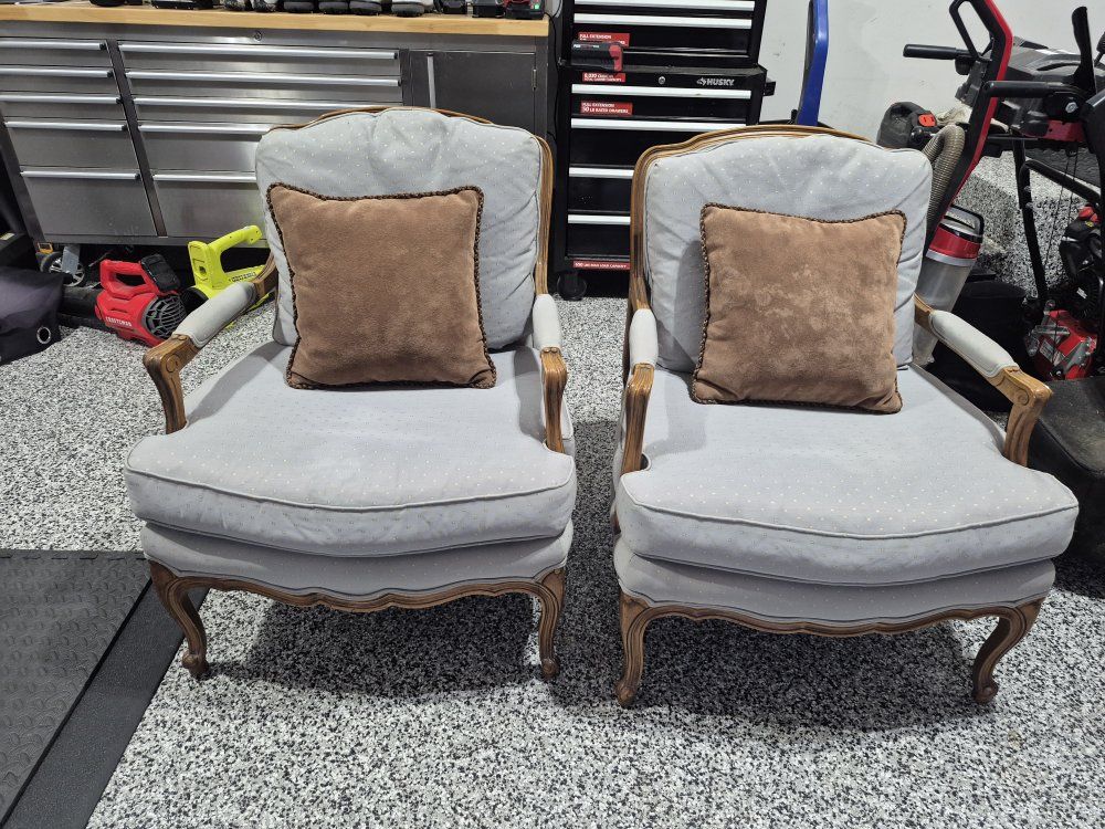 Pair of Vintage French Provincial Style Armchairs with Wood Trim and Accent Pillows