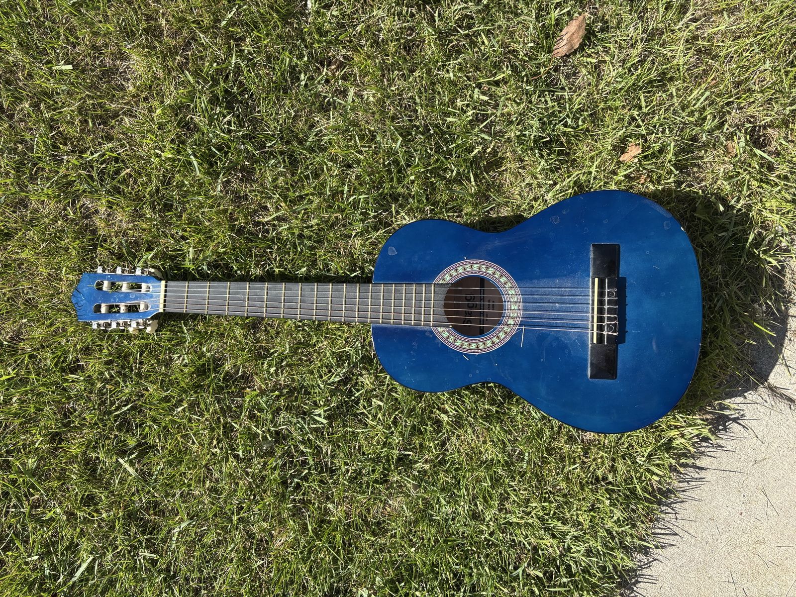 Full Size Blue Acoustic Guitar with Stand - Excellent Condition