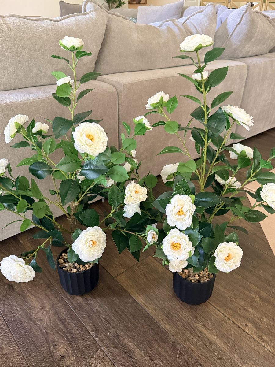 New. Lifelike White Camellia Floral Arrangement in Black Planter, Artificial Indoor/Outdoor Decor (Set of 2)