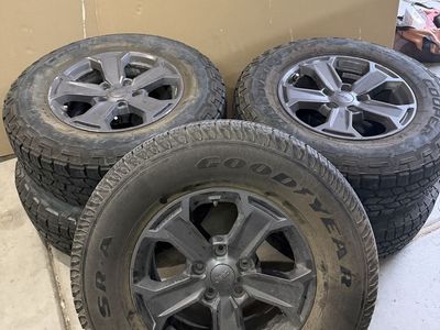 Stock Jeep wrangler rims and tires.