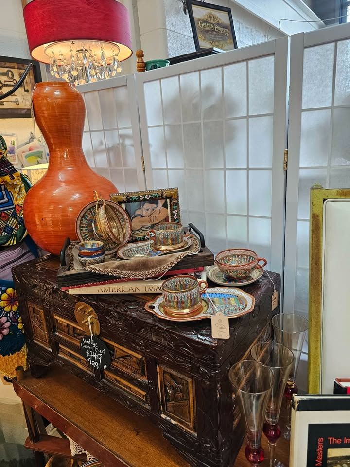 Vintage Carved Wooden Storage Chest / Trunk – Asian Motif, Brass Hardware