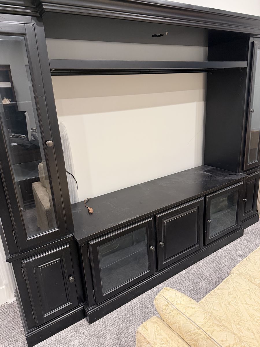 Large Black Entertainment Center TV Stand with Glass Doors and Storage
