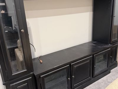 Large Black Entertainment Center TV Stand with Glass Doors and Storage