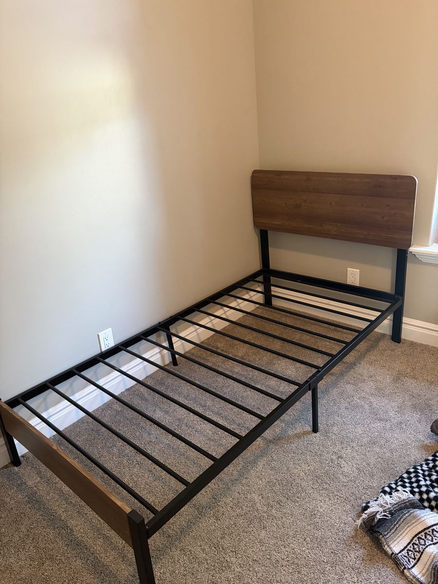 Twin Metal and Wood Platform Bed Frame with Headboard