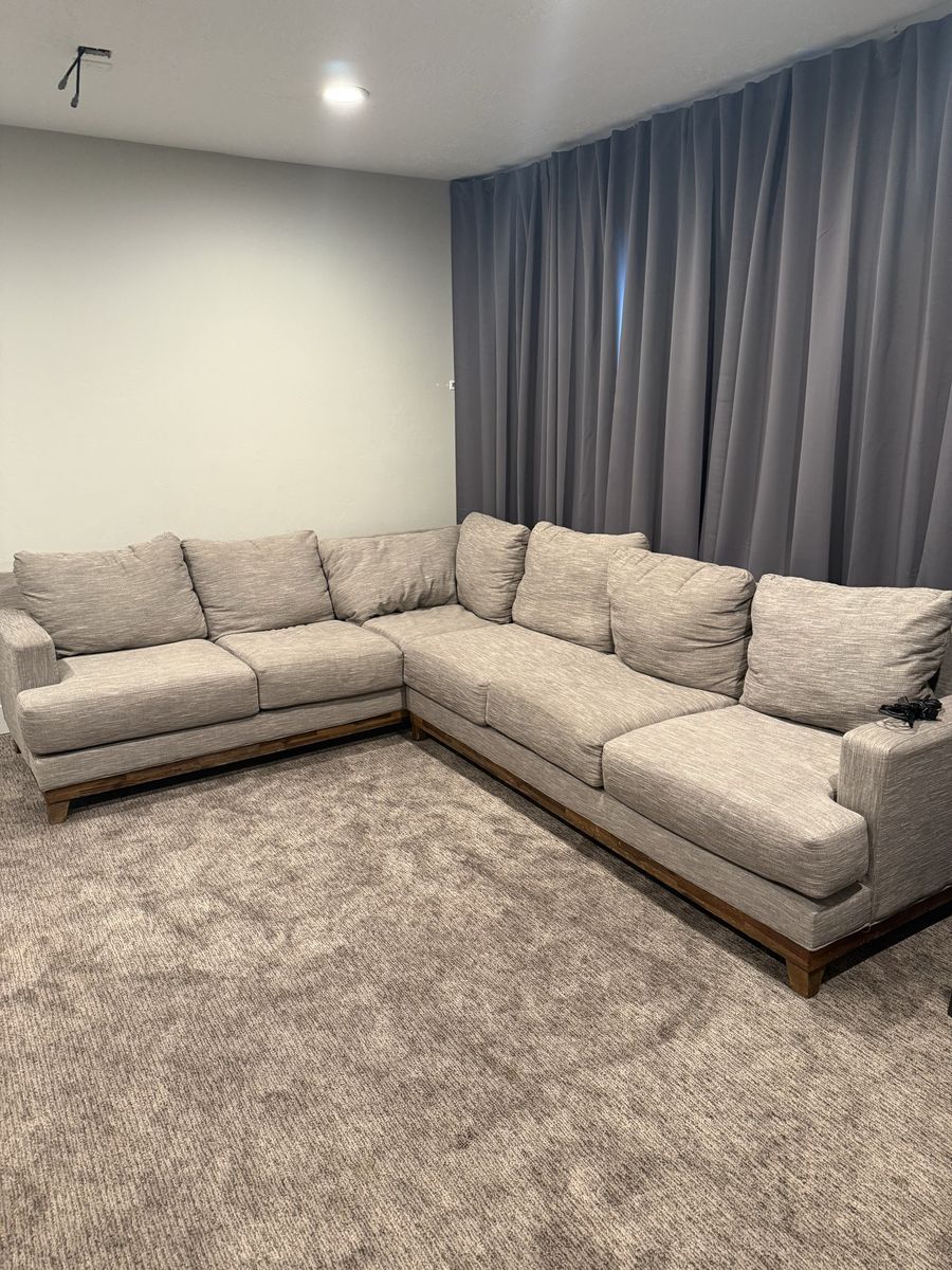 Large Sectional Sofa Couch - Light Gray Fabric with Wood Base