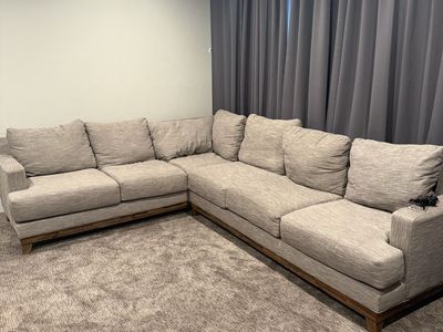 Large Sectional Sofa Couch - Light Gray Fabric with Wood Base