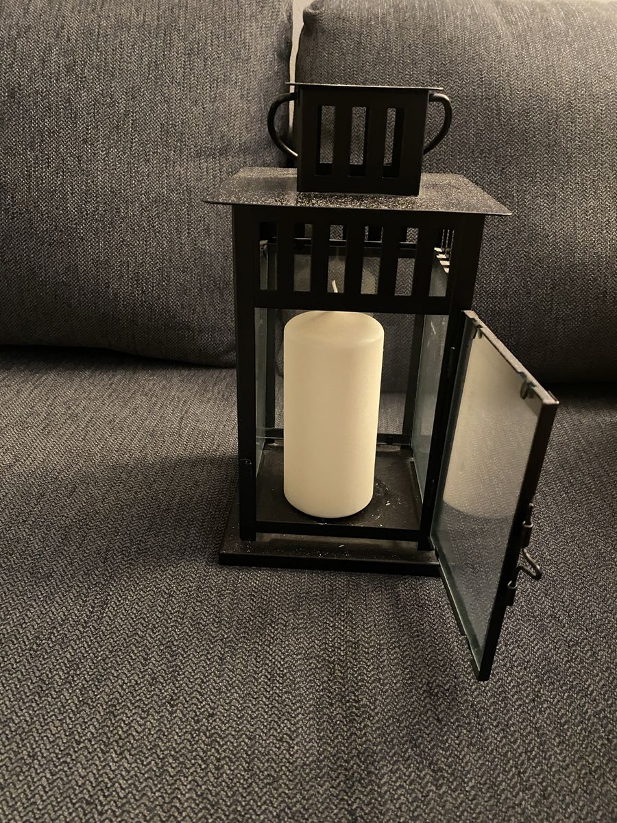 Black Metal & Glass Decorative Candle Lantern with White Pillar Candle - Indoor/Outdoor Decor